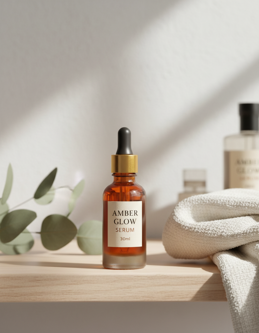 The same amber serum bottle rendered by Snappacy in a sunlit lifestyle scene with plant and towel props